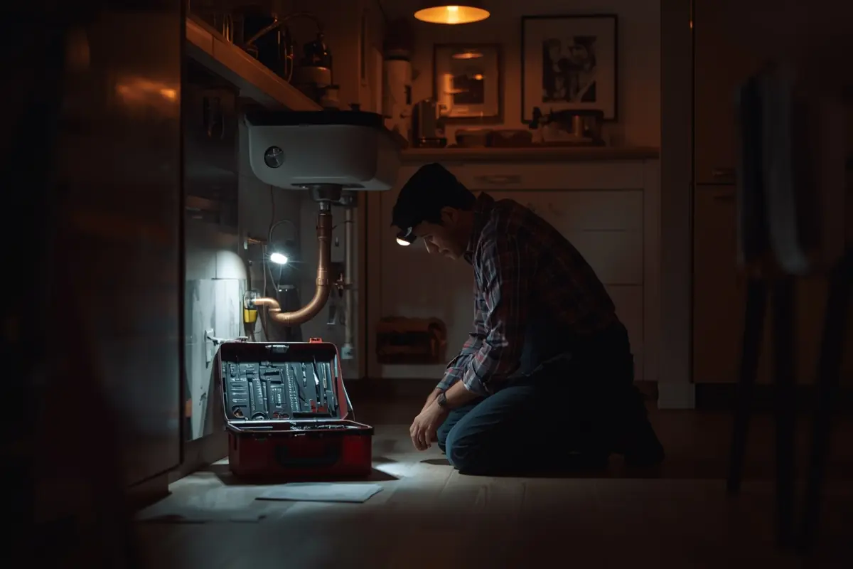 A plumber kneeling under a kitchen sink at night, a head torch lighting the pipes