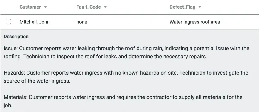 Simpro Open Lead preview with Defect Flag 'Water ingress roof area' and a description covering the issue, hazards and materials