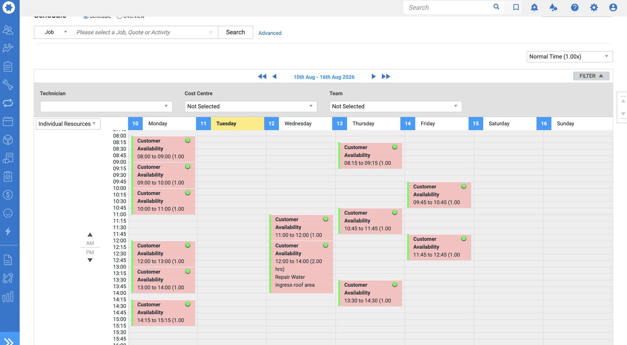 Simpro weekly schedule showing Customer Availability blocks and a roof water-ingress repair entry