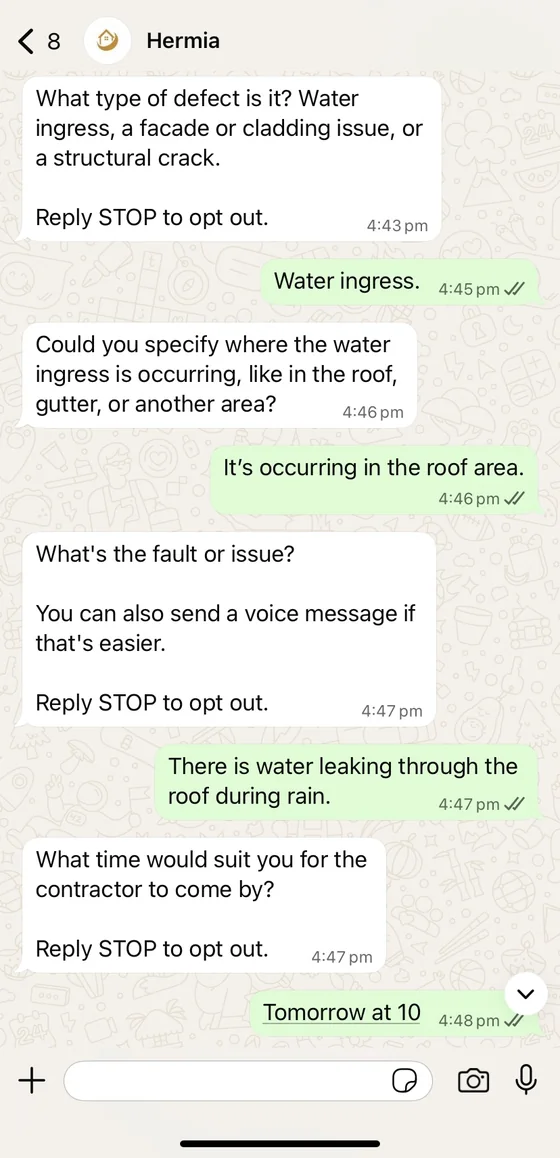 WhatsApp test conversation: Hermia asks the defect type, where the water is coming in, what the fault is and a preferred time; the replies are water ingress, roof area, leaking during rain and tomorrow at 10