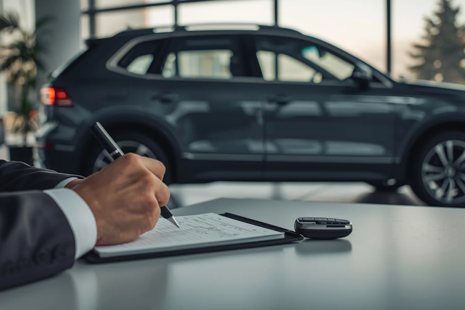 Car dealership consultant writing up a test drive booking in a showroom