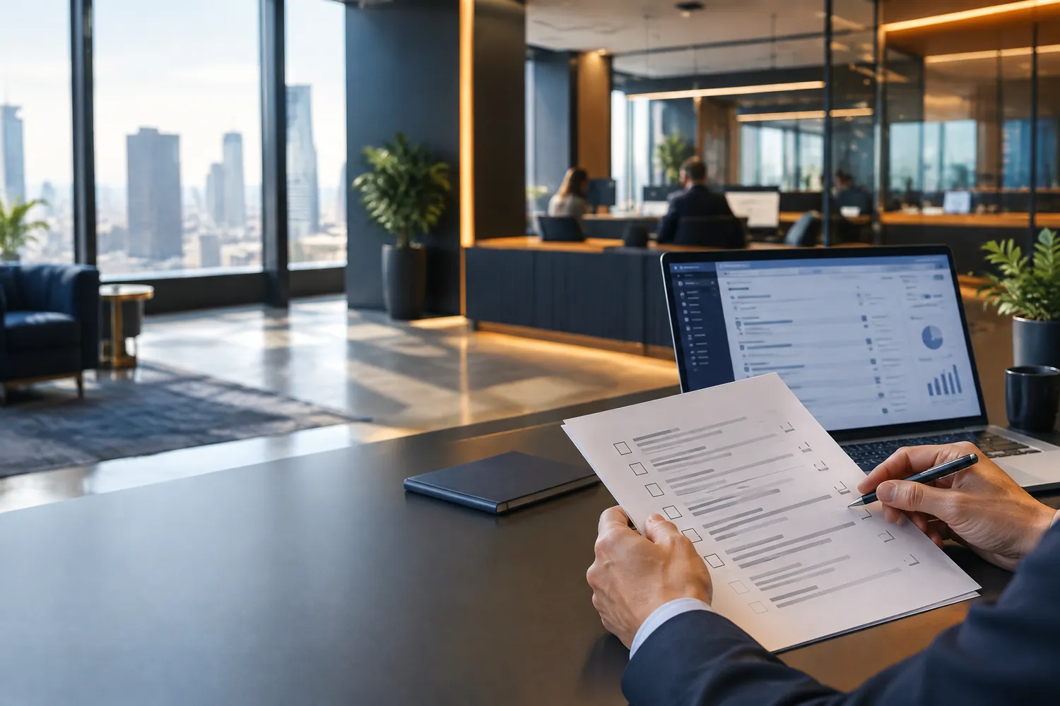 Finance operations team member reviewing a document checklist