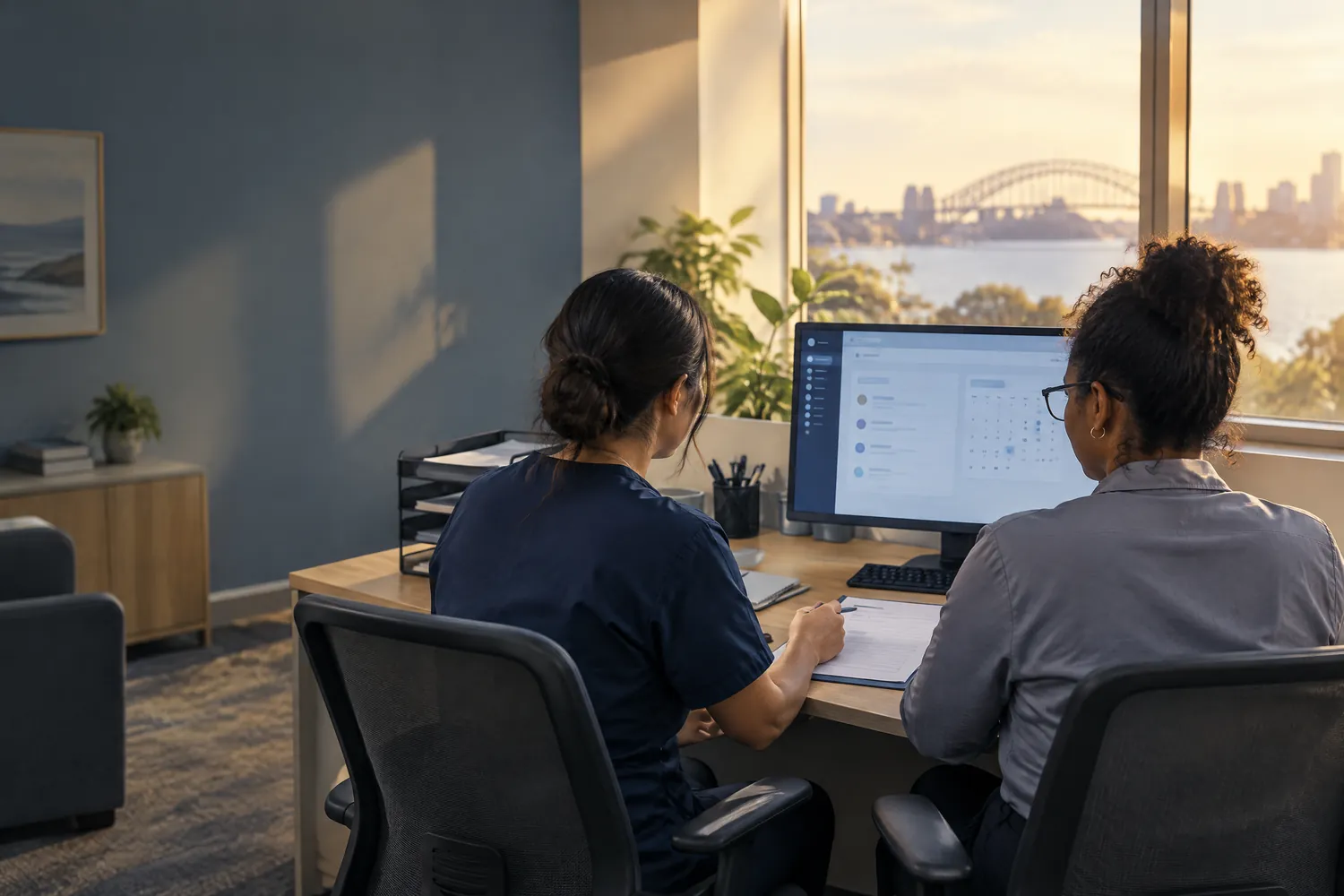 Healthcare administration team working in a clinic office