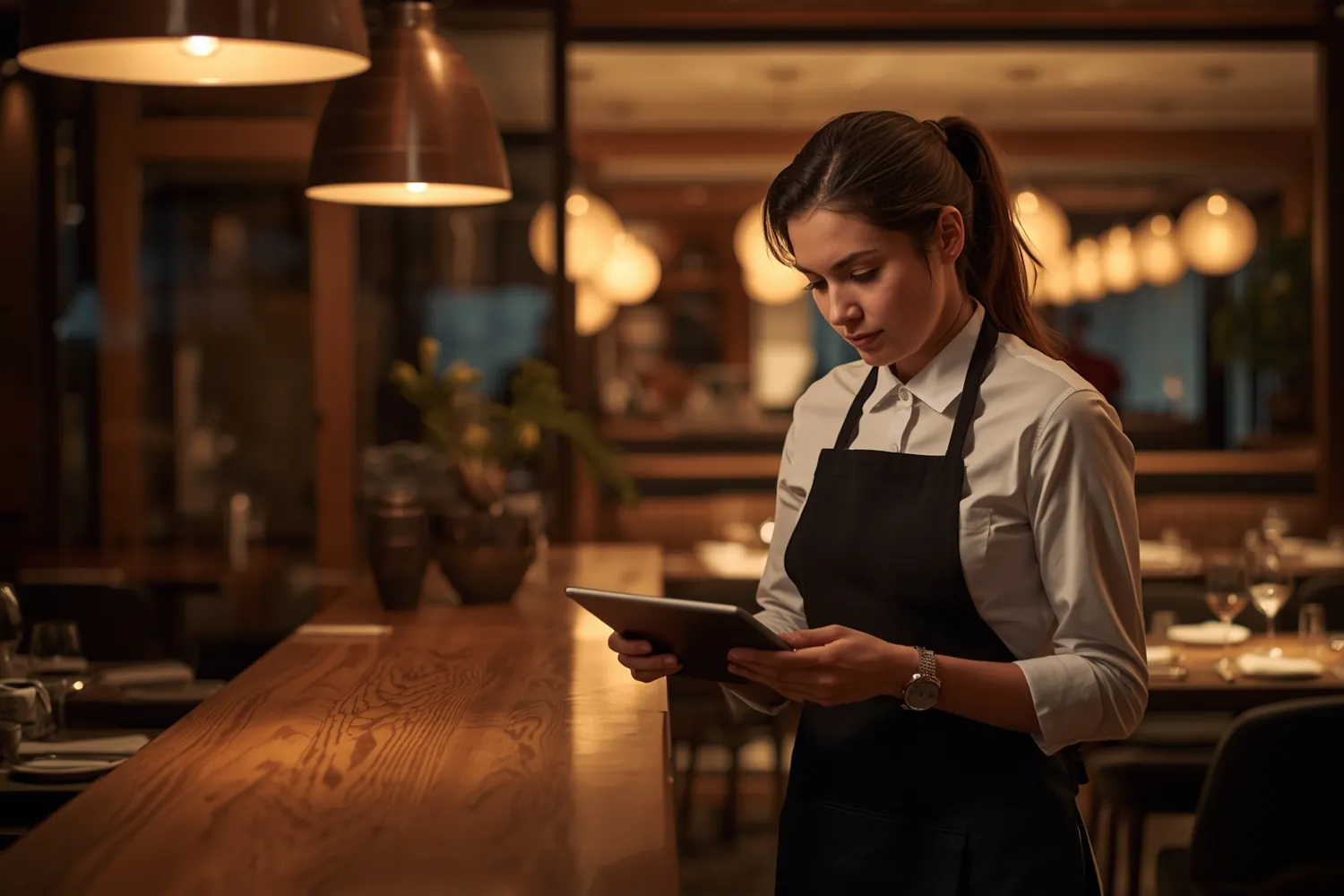 Restaurant host checking a table booking on a tablet