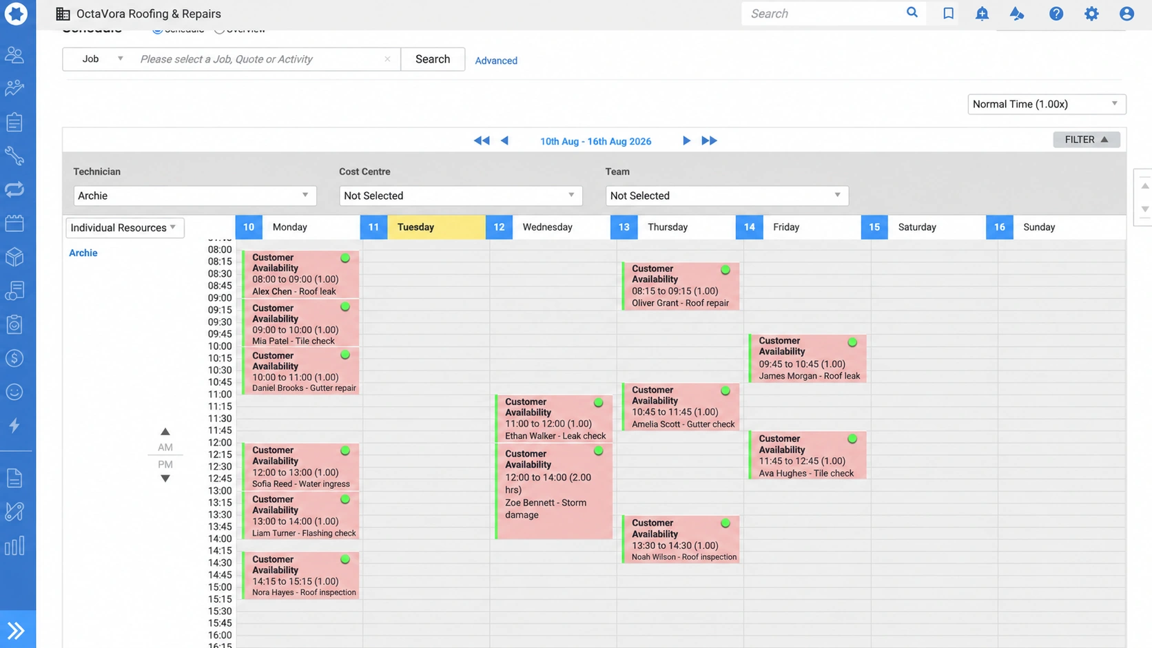 Illustrative Simpro calendar with Customer Availability above the times and fictional names and jobs below