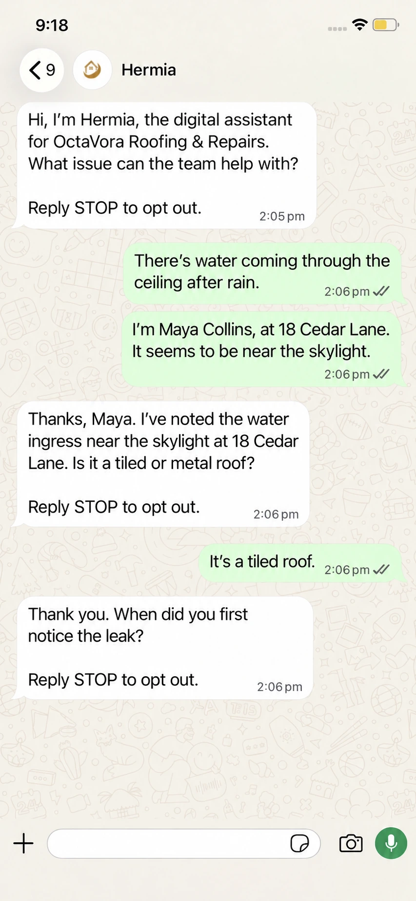 Illustrative Simpro-pathway conversation showing two consecutive customer messages and one response using their combined context