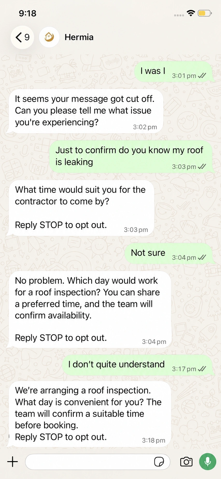 Edited illustrative WhatsApp example showing incomplete-message clarification