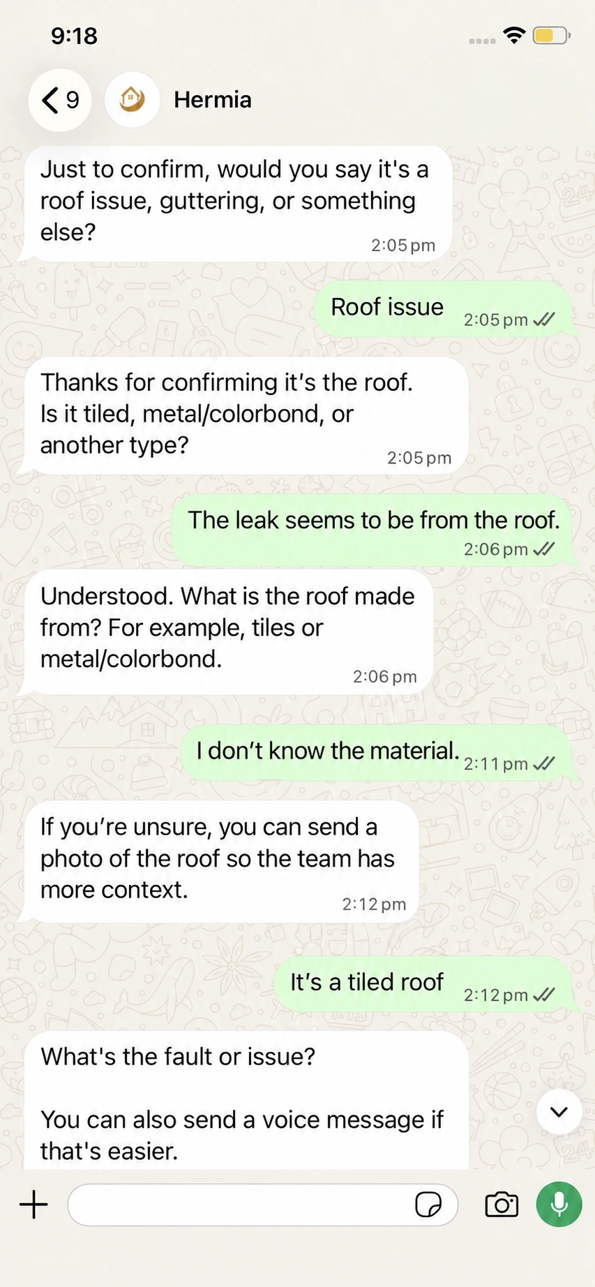 Edited illustrative roof-enquiry conversation with varied follow-up wording